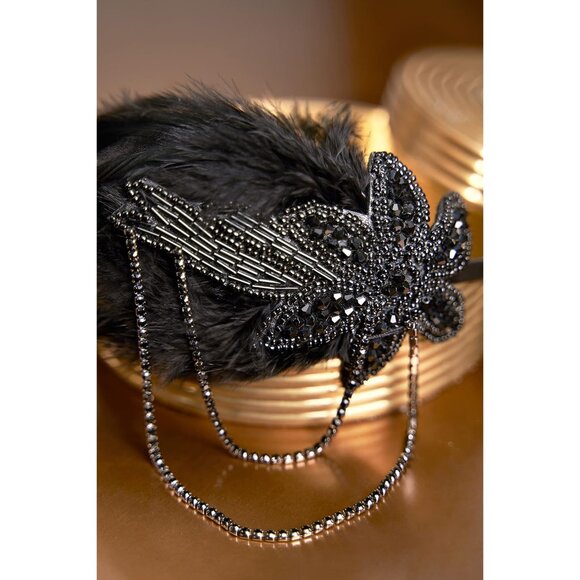 1920s Flapper Headband Feather Beaded Gatsby Roaring 20s Party Accessory - Picture 5 of 6